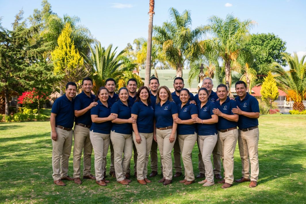 Equipo corporativo reunido en los jardines de Taanah